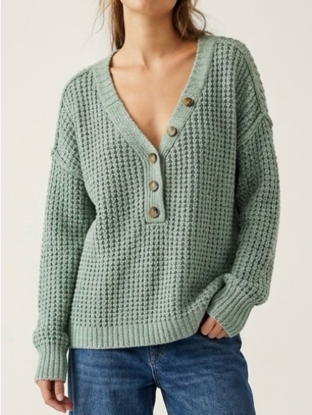 Free People Whistle Thermal Henley Sweater Sage Green Boho Slouchy Chunky Knit